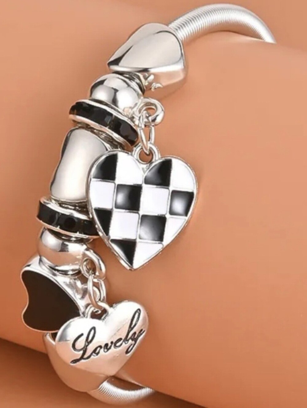 Silver & Black Checkered Heart Charm Bracelet